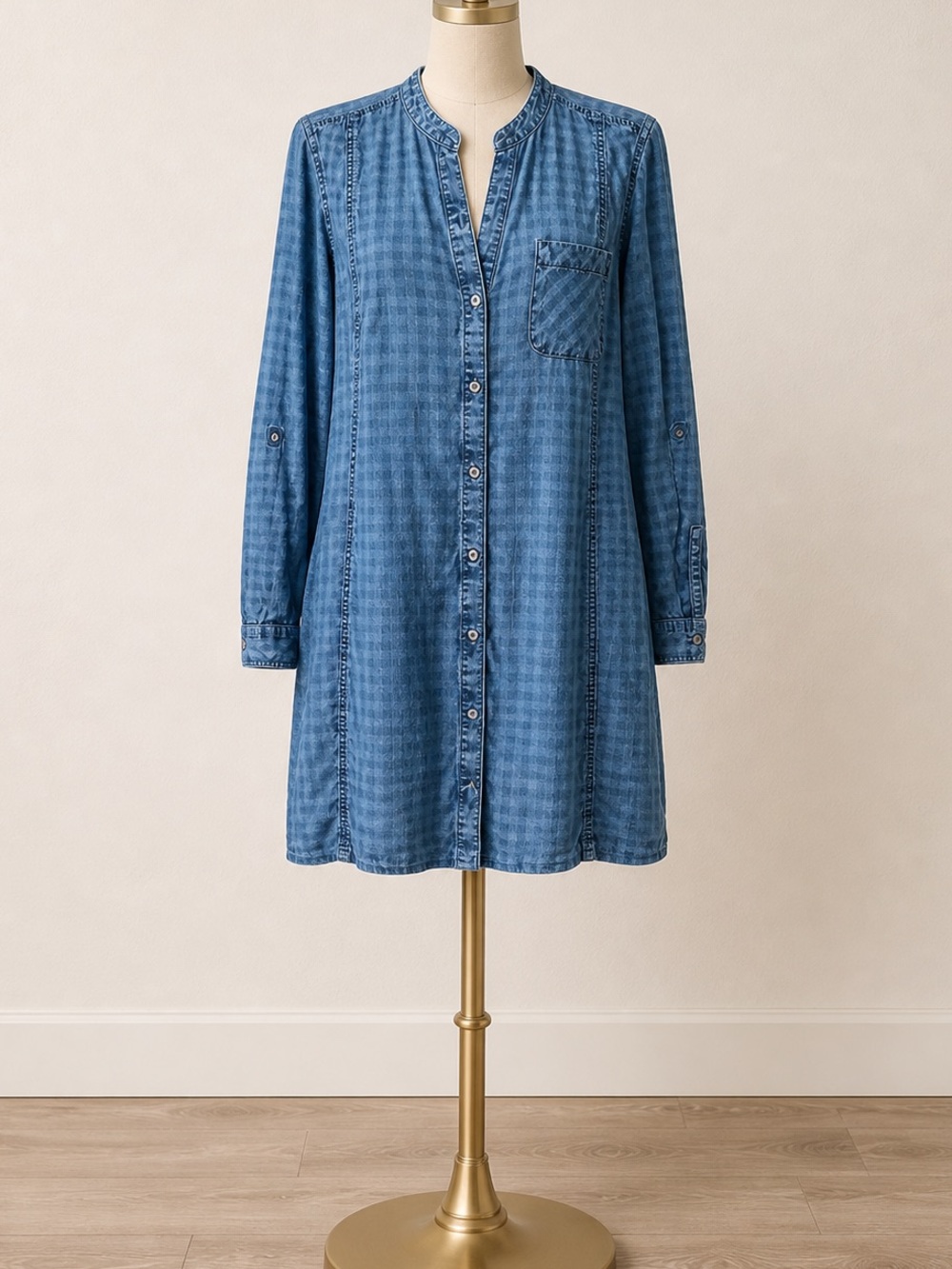 Chambray Shirtdress M Roll-Tab Sleeve Gingham Check Coastal Preppy Tomato Girl - Picture 2 of 12